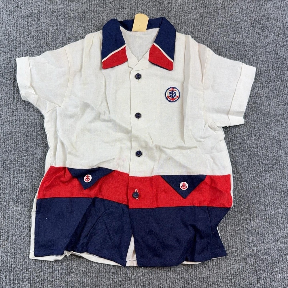 VTG Nautical Colorblock Shirt Kids 6 Button Rayon Sailor Multicolor Top Summer